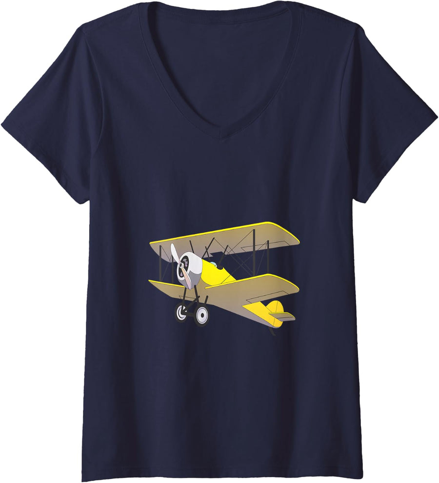 Women's Vintage Yellow Biplane Retro Aviation Propeller Plane V-Neck T-Shirt - Navy Blue