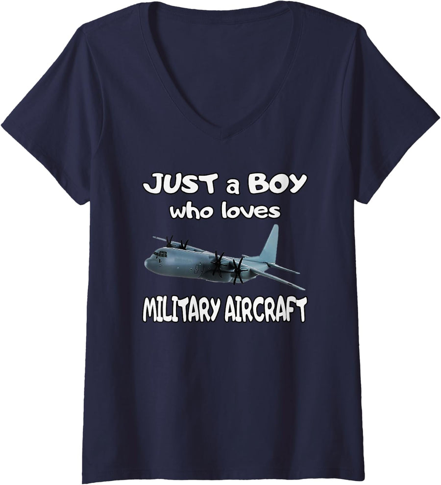 Women's C-130 Hercules Transport Aircraft Pilot Aviator Boy Who Love V-Neck T-Shirt - Navy Blue