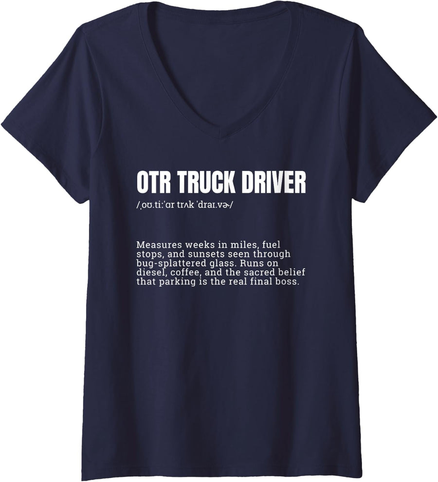 Women's OTR Truck Driver Definition Funny Trucker V-Neck T-Shirt - Navy Blue