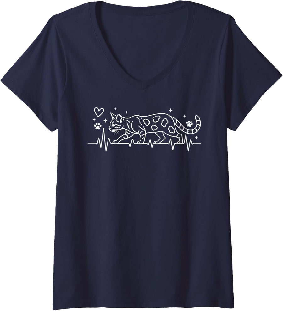 Women's Bengal Cat Heartbeat EKG Pulse Line V-Neck T-Shirt - Navy Blue