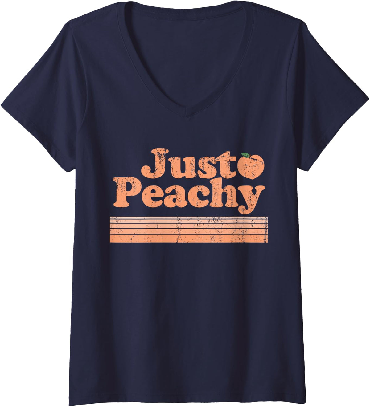 Womens Just Peachy Retro 70s Georgia Peaches Summer Fruit V-Neck T-Shirt - Navy Blue
