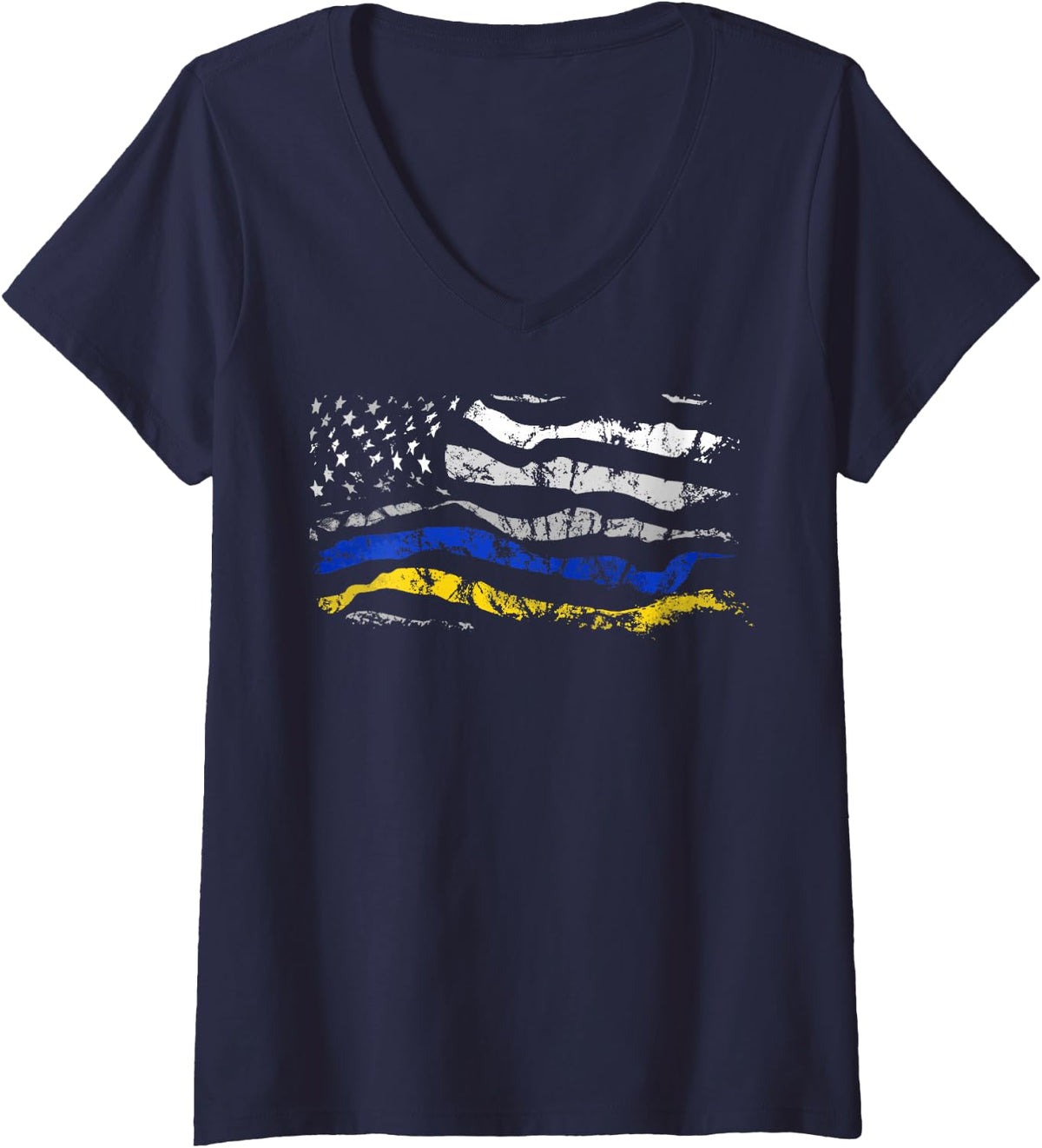 Women's Gold Blue Line 911 Police Dispatcher First Responder V-Neck T-Shirt - Navy Blue