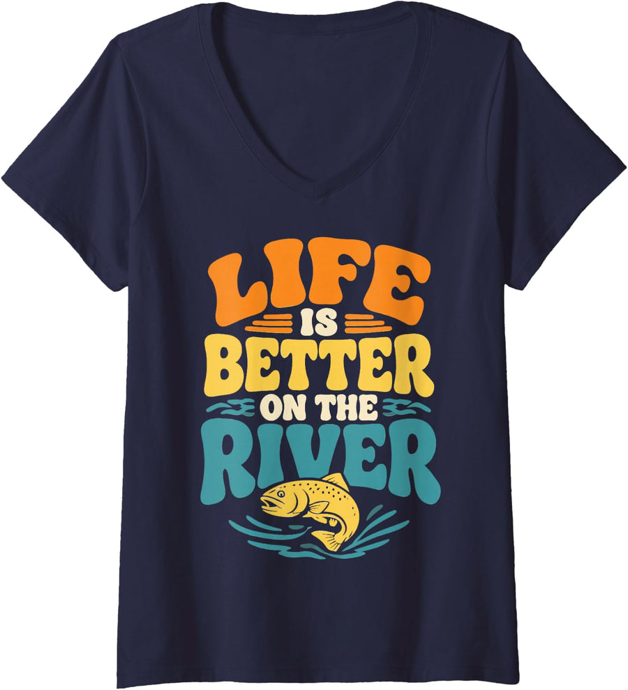 Women's Retro River Fishing Lover Freshwater Angler Fisherman V-Neck T-Shirt - Navy Blue