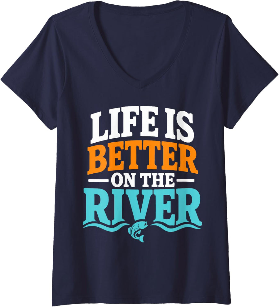 Women's River Fishing Angler V-Neck T-Shirt - Navy Blue