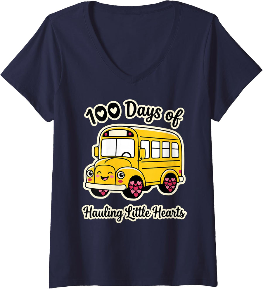 Women's School Bus Driver 100 Days of Hauling Little Hearts Funny V-Neck T-Shirt - Navy Blue