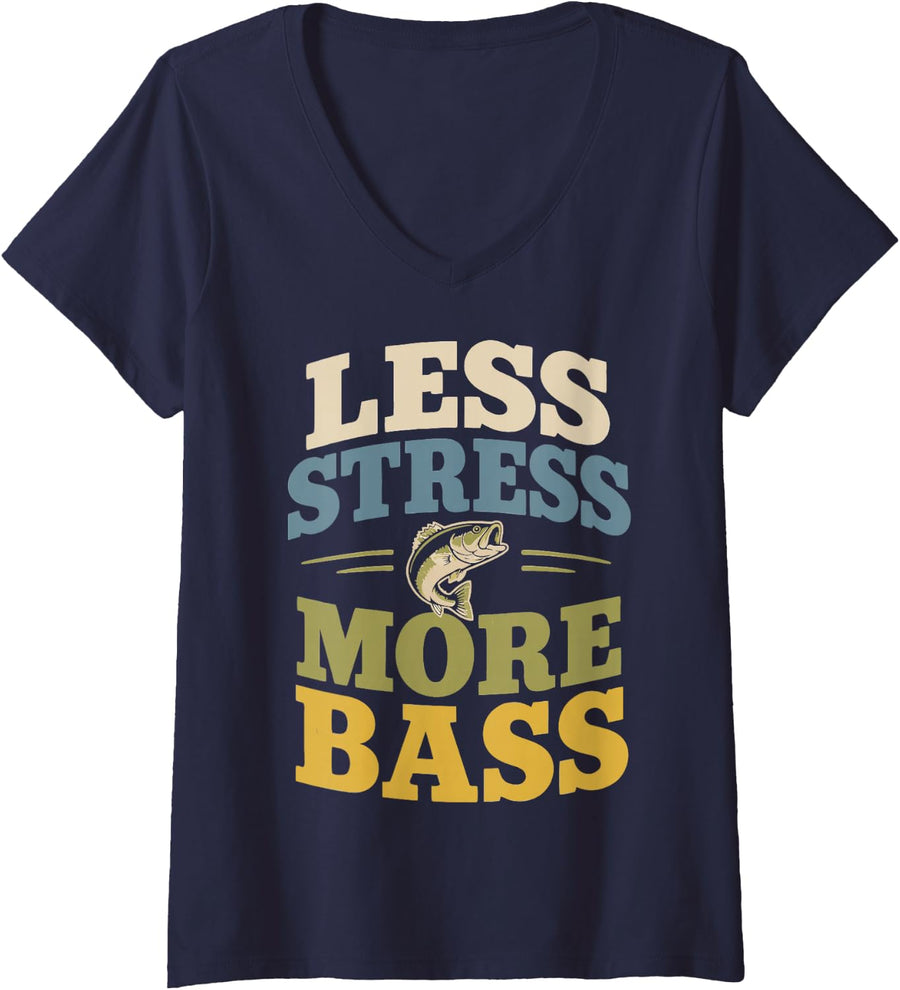 Women's River Fishing Bass Freshwater Angler Fisherman V-Neck T-Shirt - Navy Blue