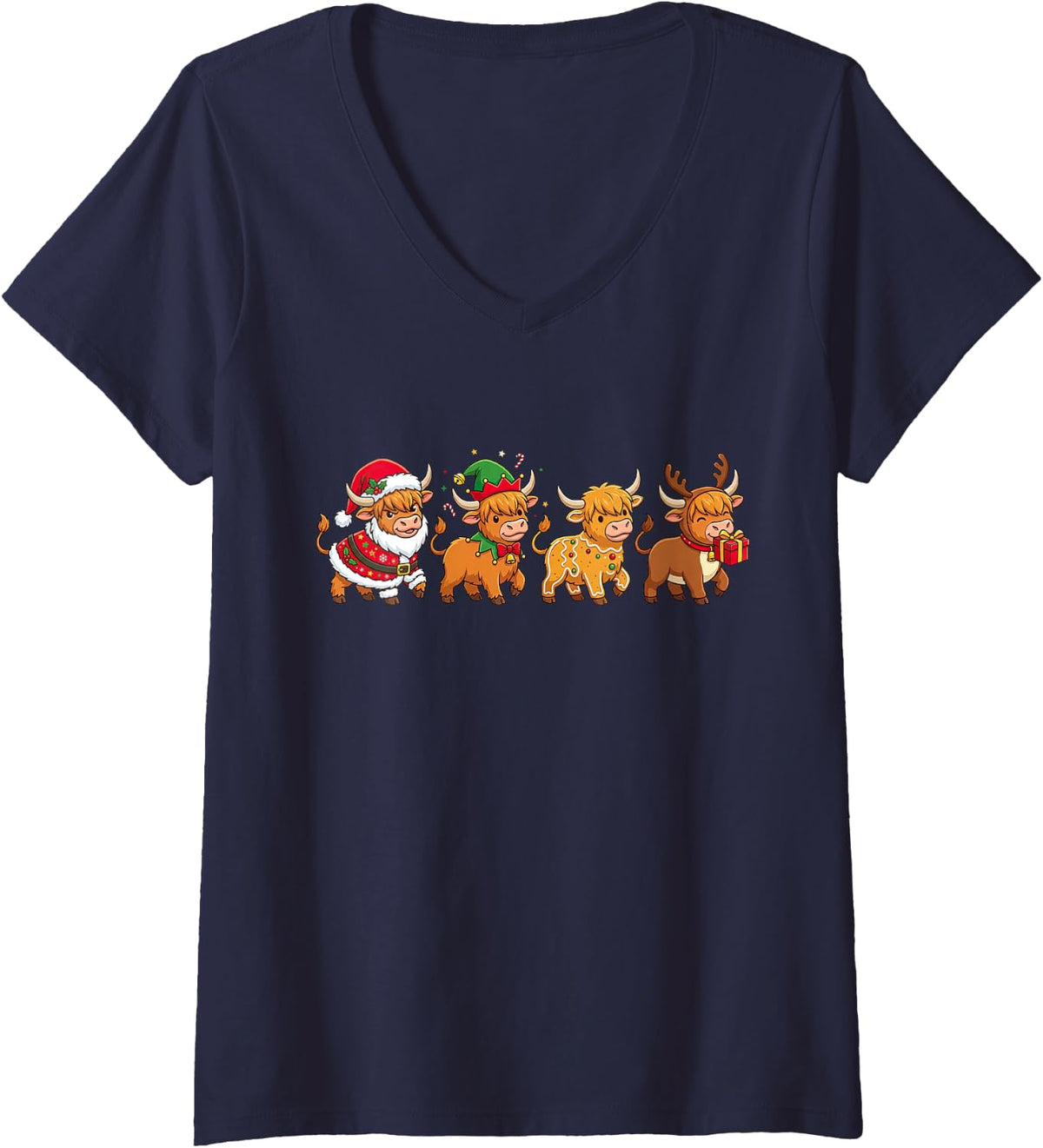 Women's Christmas Highland Cow Santa Elf Gingerbread Womens Mens Kid V-Neck T-Shirt - Navy Blue