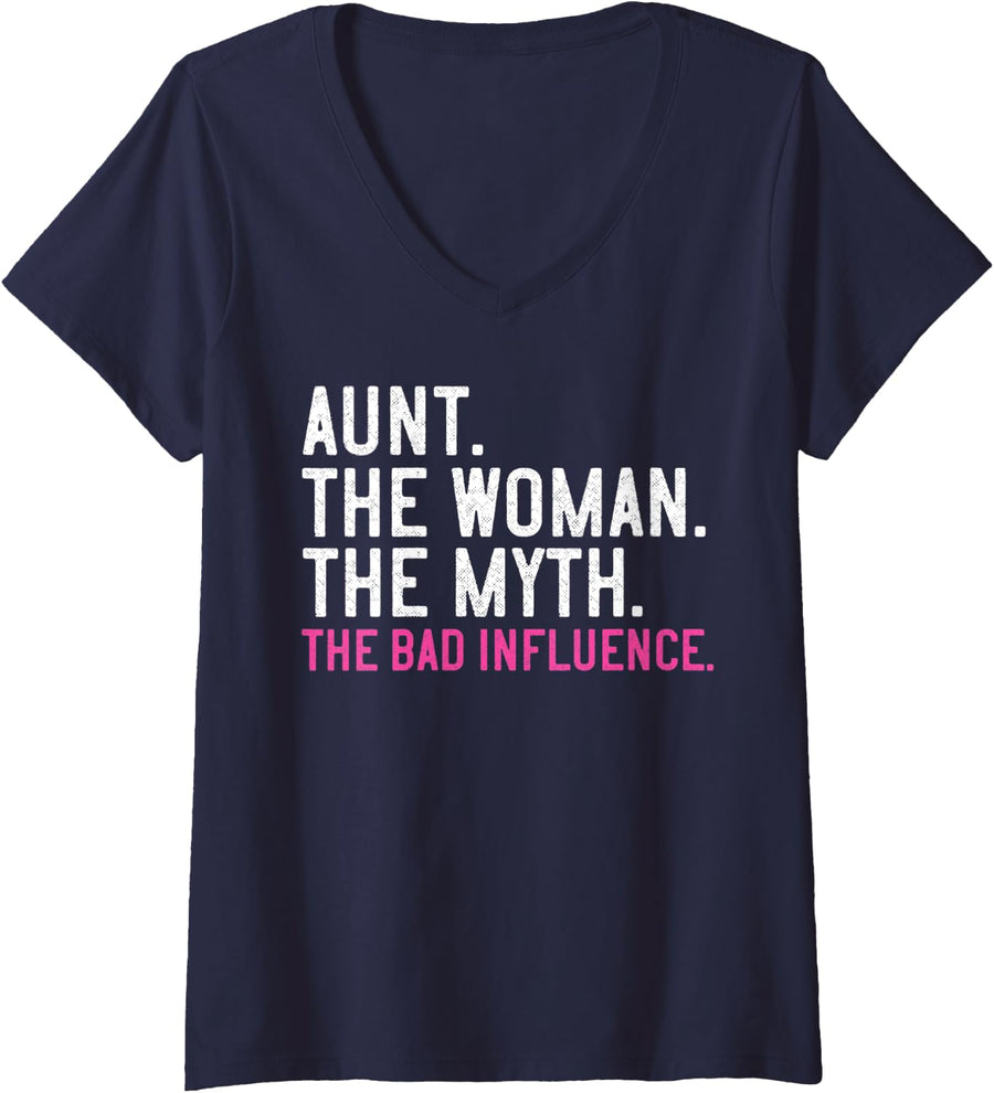 Womens Aunt The Woman The Myth The Bad Influence Vintage Women V-Neck T-Shirt - Navy Blue