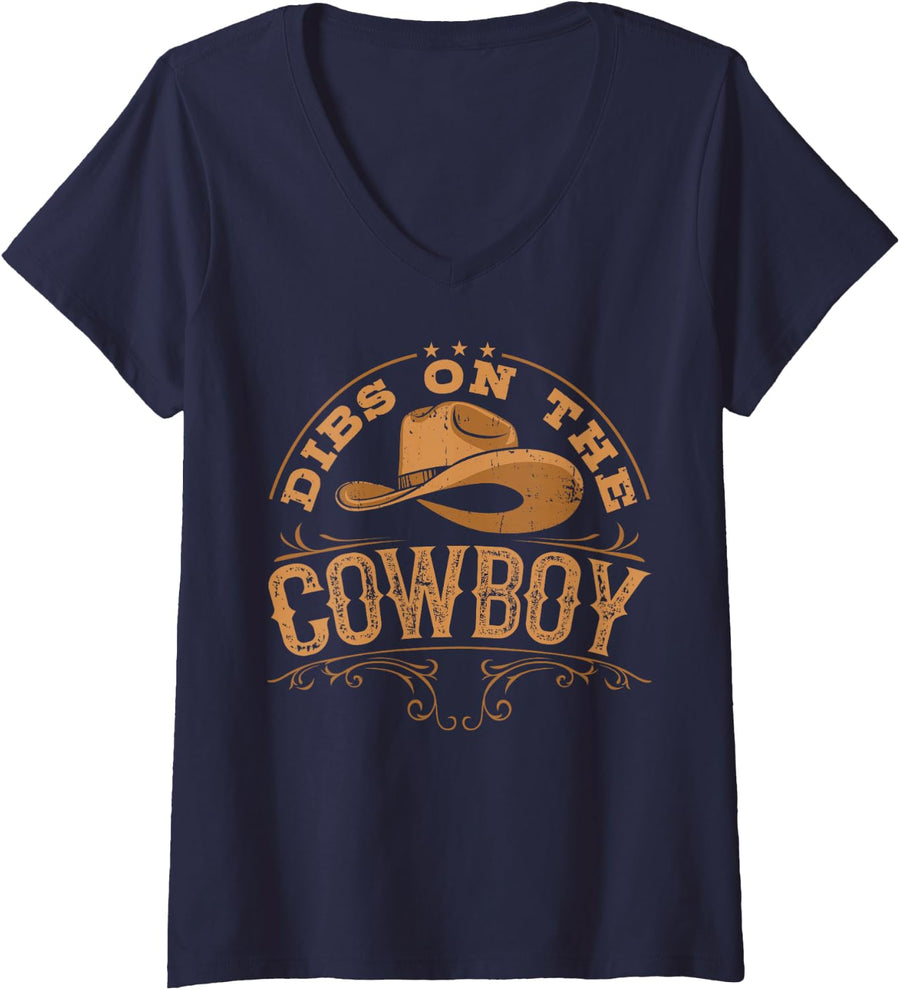 Women's Dibs On The Cowboy Rodeo Ranch Girlfriend Wife Lipstick V-Neck T-Shirt - Navy Blue