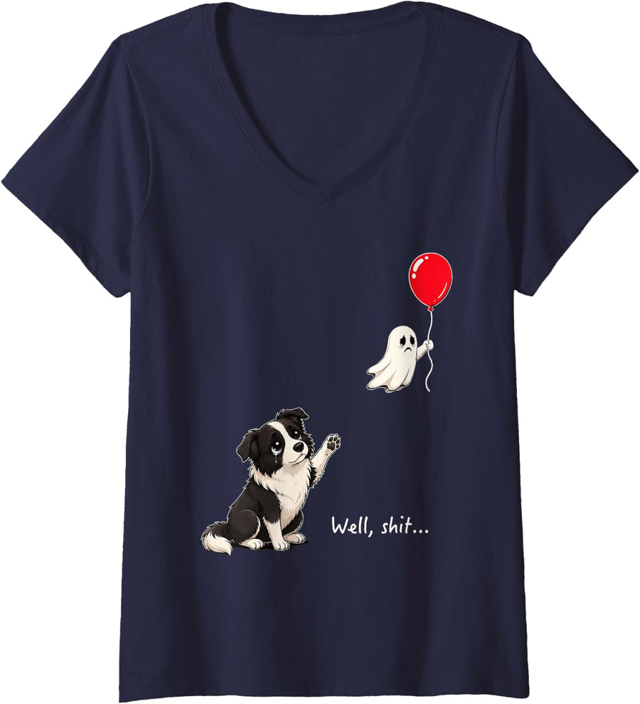 Women's Cute Border Collie Well Shit Balloon Graphic Sarcastic Funny V-Neck T-Shirt - Navy Blue