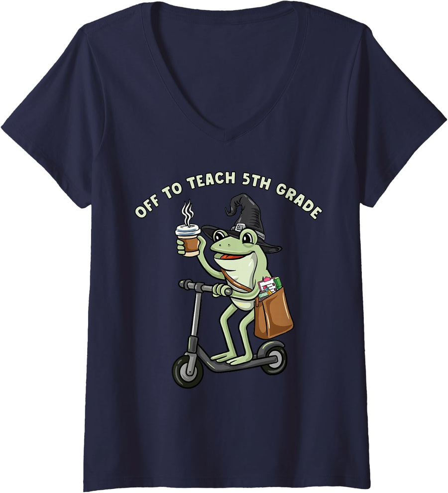 Women's Funny Frog Teacher Off to Teach 5th Grade Student Meme V-Neck T-Shirt - Navy Blue