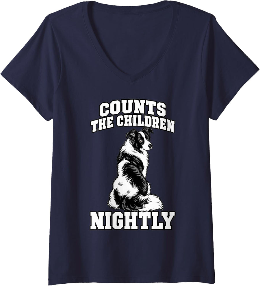 Women's Border Collie Counts The Children Nightly Lover Herding V-Neck T-Shirt - Navy Blue