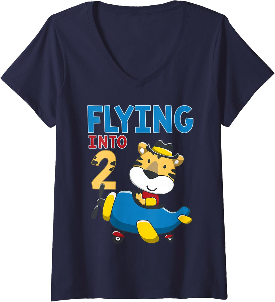 Women's Pilot 2nd Birthday Airplane Party Aviator Flight Officer V-Neck T-Shirt - Navy Blue