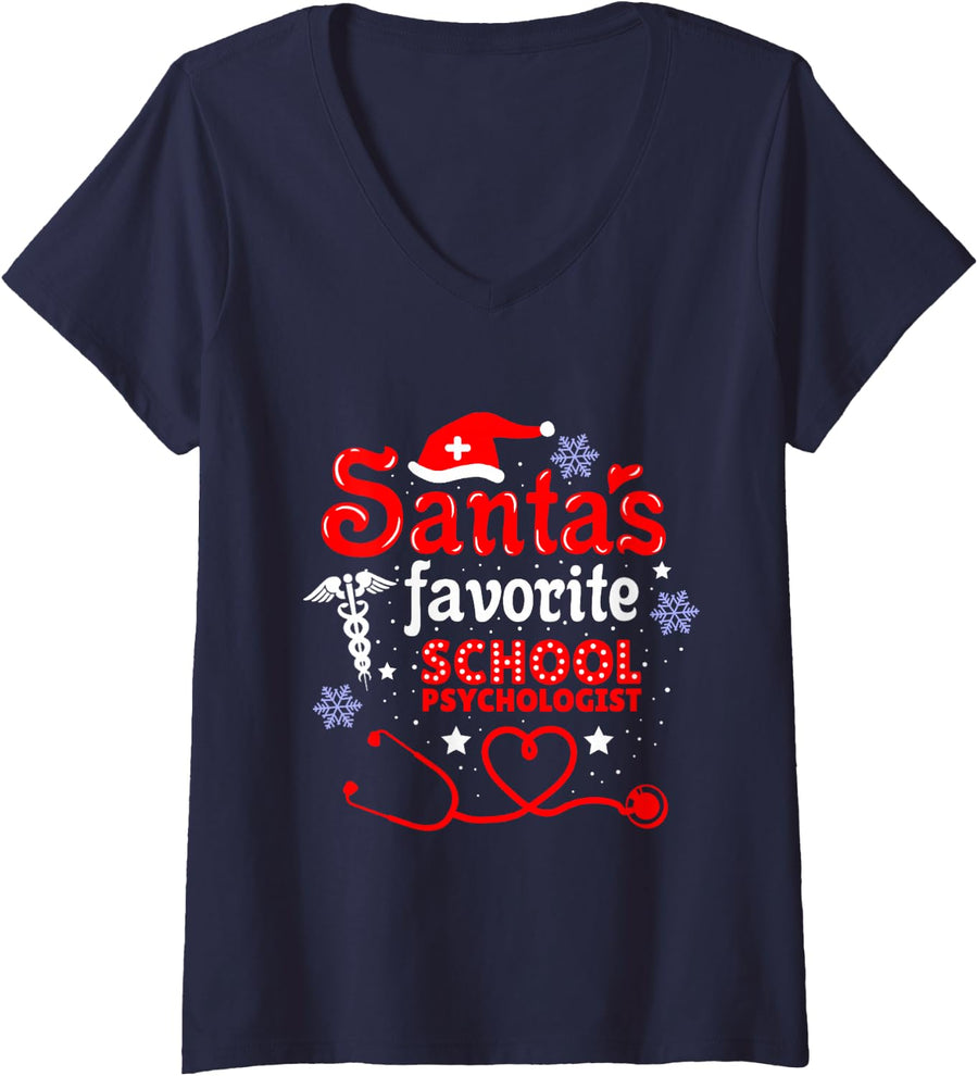 Women's Santas Favorite School Psychologist Christmas V-Neck T-Shirt - Navy Blue