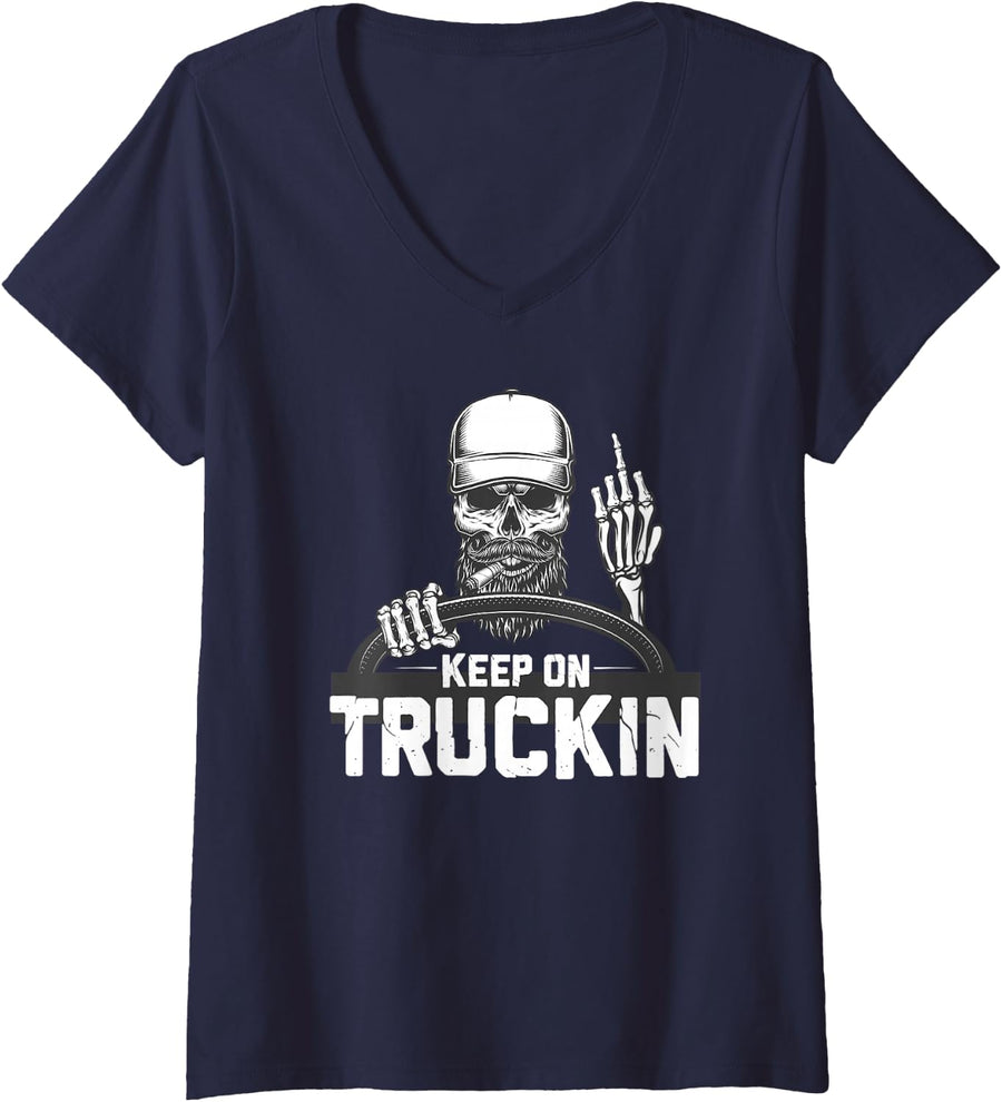 Women's Keep On Truckin - Truck Truck Driver Trucker Truck Driver V-Neck T-Shirt - Navy Blue