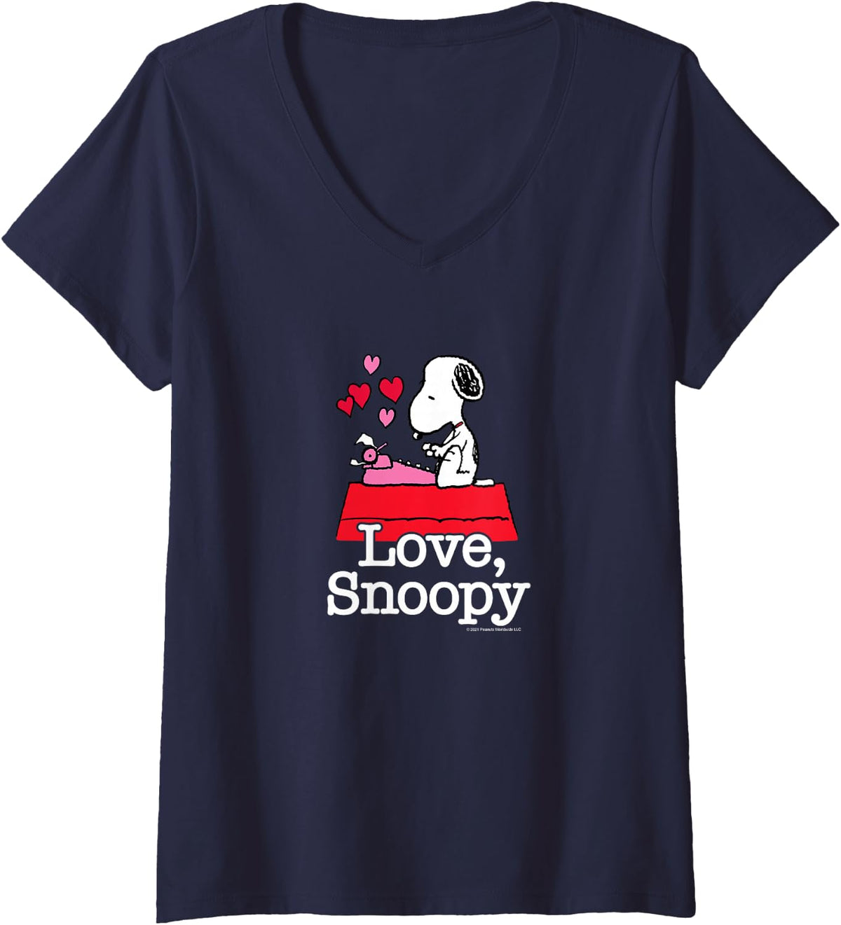 Womens Peanuts - Valentines - Love, Snoopy V-Neck T-Shirt - Navy Blue