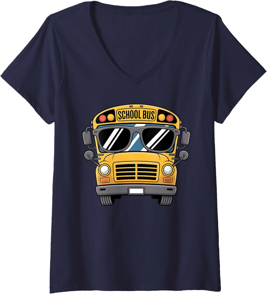 Women's Funny School Bus Driver Art for Kids Boy Girl Back to School V-Neck T-Shirt - Navy Blue