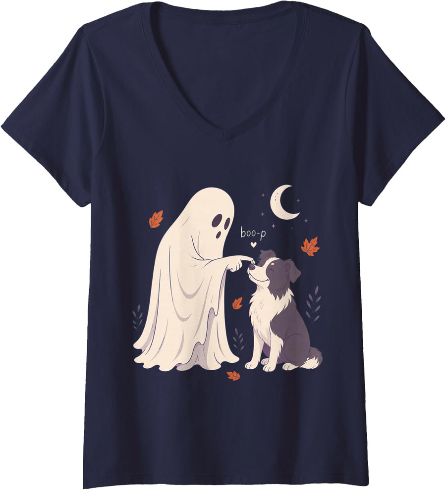 Women's Funny Ghost Border Collie Dog Boop Halloween Women Men V-Neck T-Shirt - Navy Blue
