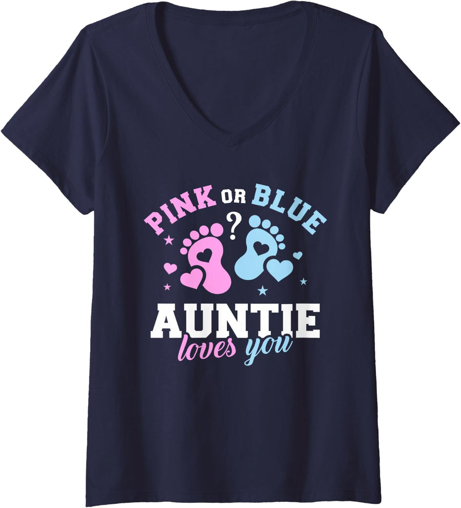 Womens Gender Reveal Auntie Aunt V-Neck T-Shirt - Navy Blue
