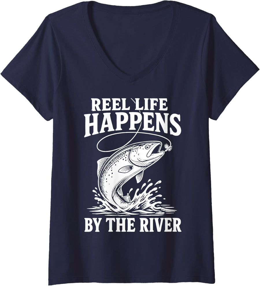 Women's River Fishing Saying Reel Freshwater Angler Fisherman V-Neck T-Shirt - Navy Blue