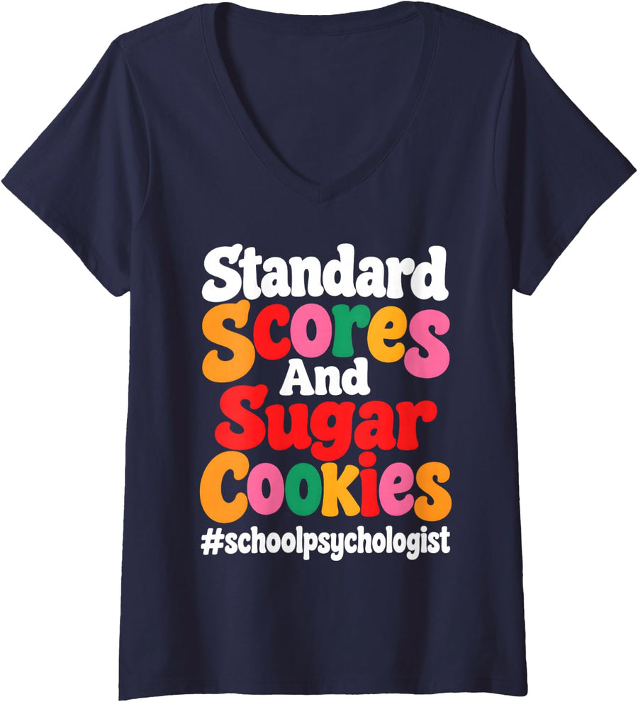 Women's Standard Scores Sugar Cookies School Psychologist Christmas V-Neck T-Shirt - Navy Blue