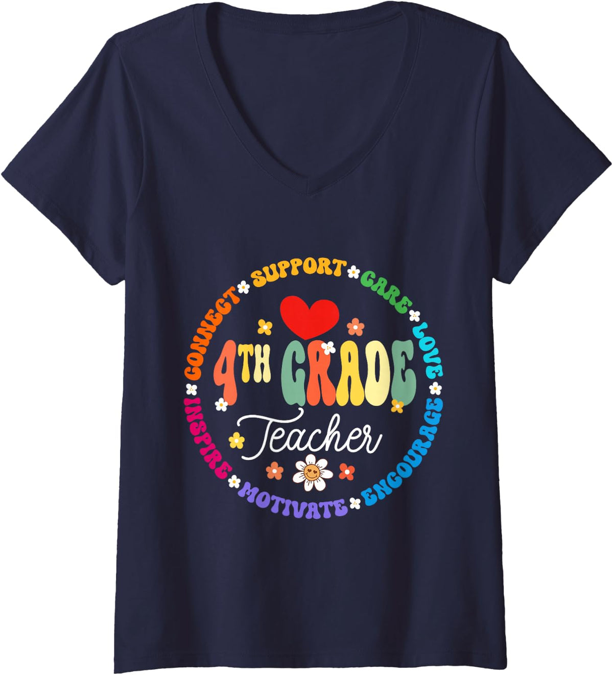 Women's 4th Grade Teacher Back to School First Day Fourth Grade V-Neck T-Shirt - Navy Blue