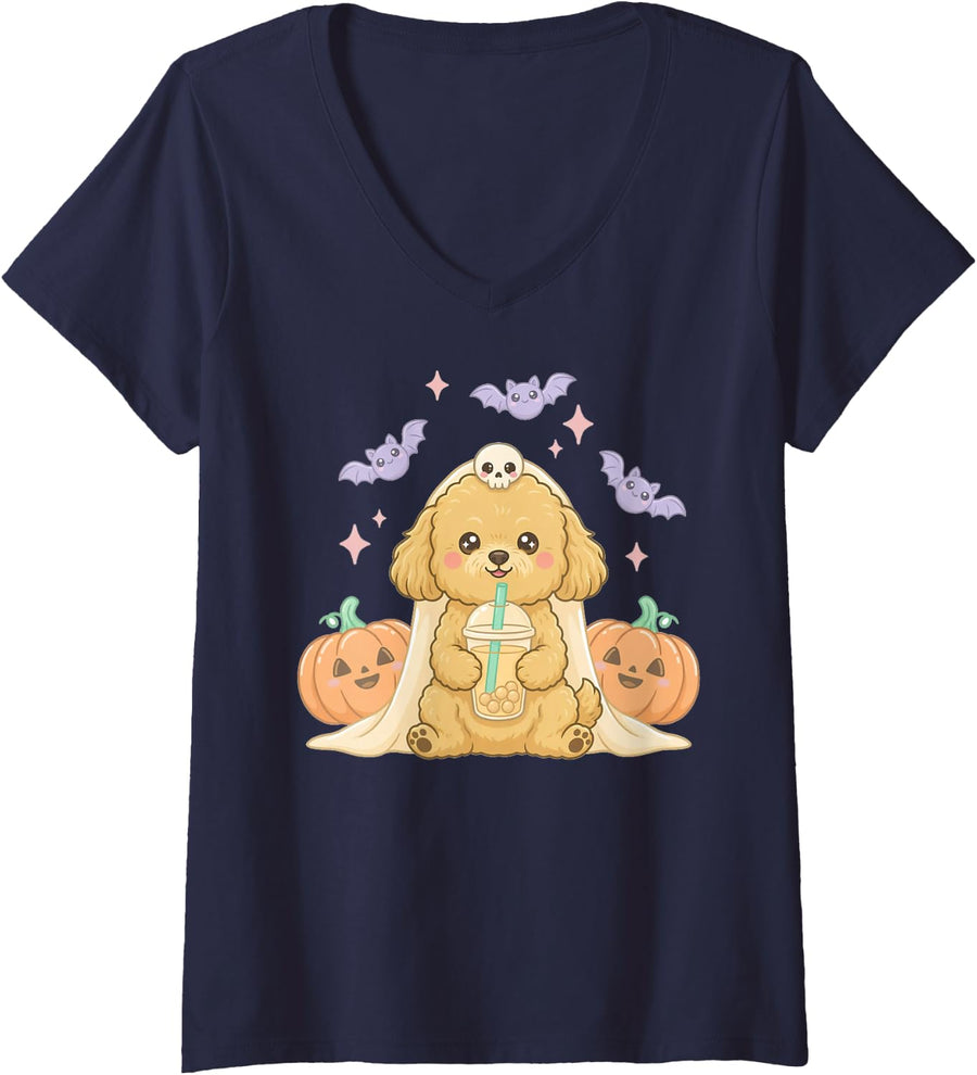 Women's Goldendoodle Ghost and Boba Cute Halloween Dog Humor V-Neck T-Shirt - Navy Blue