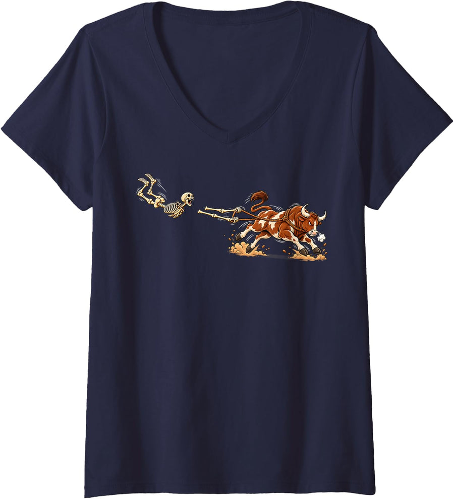Women's Cowboy Bull Riding Rider Country Western Halloween Injury V-Neck T-Shirt - Navy Blue