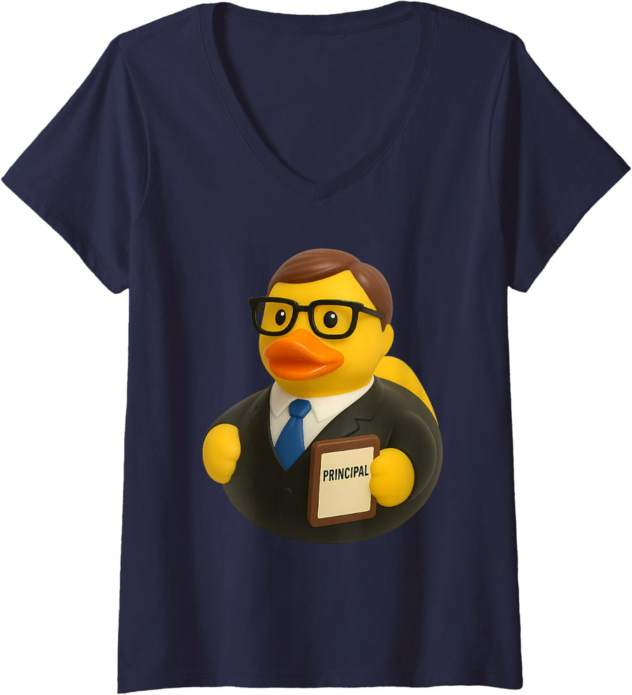Women's School Principal Rubber Duck Ducky Duckie V-Neck T-Shirt - Navy Blue