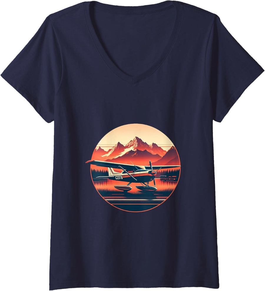 Women's C-172 Skyhawk Vintage C172 Airplane Retro Sunset Pilot V-Neck T-Shirt - Navy Blue