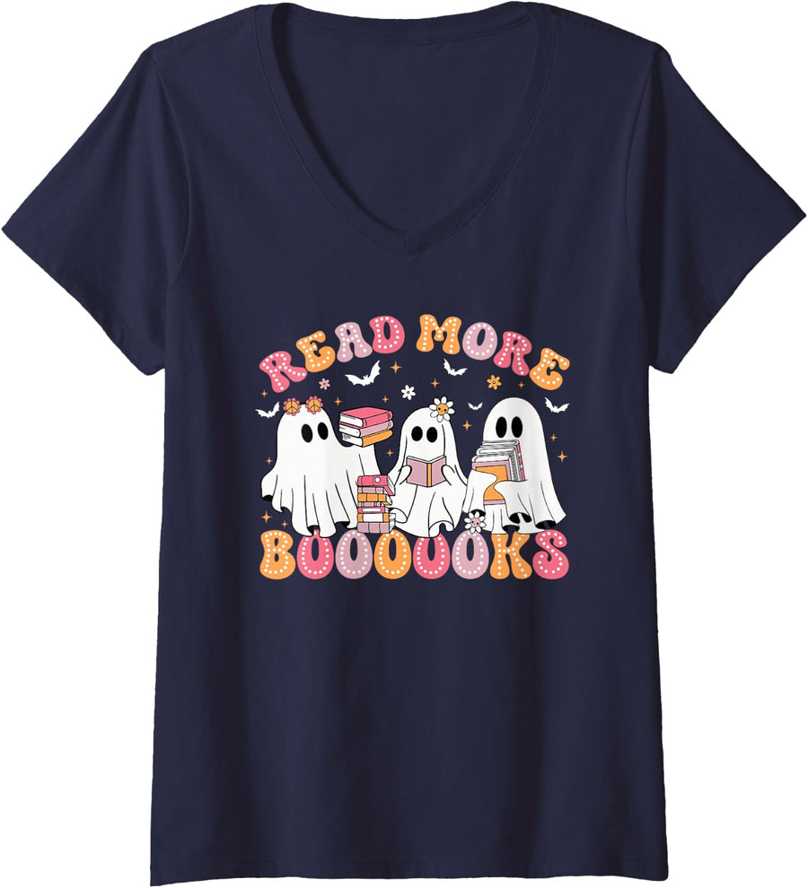 Womens Cute Ghost Book Read More Books Funny Teachers Halloween V-Neck T-Shirt - Navy Blue