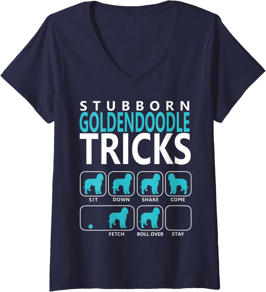 Womens Goldendoodle dog | Stubborn Goldendoodle Tricks V-Neck T-Shirt - Navy Blue