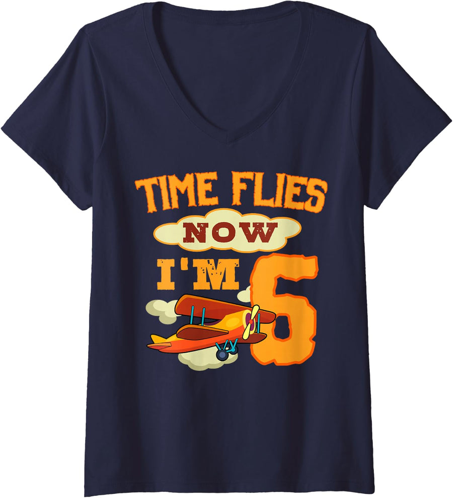 Women's Pilot 5th Birthday Party Aviator Airplane Flight Mechanic V-Neck T-Shirt - Navy Blue