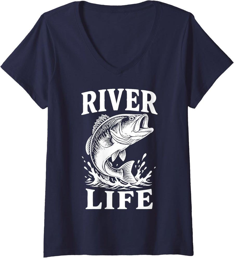 Women's River Fishing Lover Freshwater Nature Angler Fisherman V-Neck T-Shirt - Navy Blue