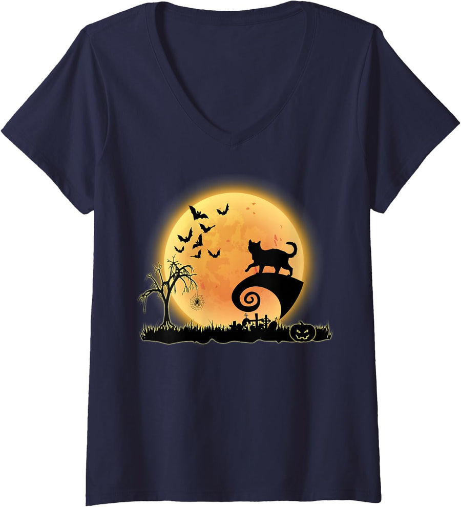Women's Bengal Cat Scary and Moon Funny Kitty Halloween Costume V-Neck T-Shirt - Navy Blue
