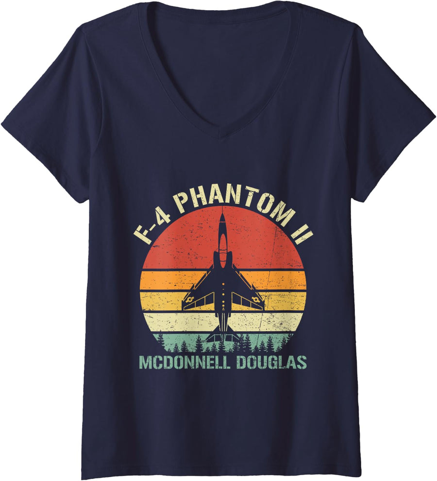 Women's F-4 Phantom II Mcdonnell Douglas Vintage Fighter Jet V-Neck T-Shirt - Navy Blue