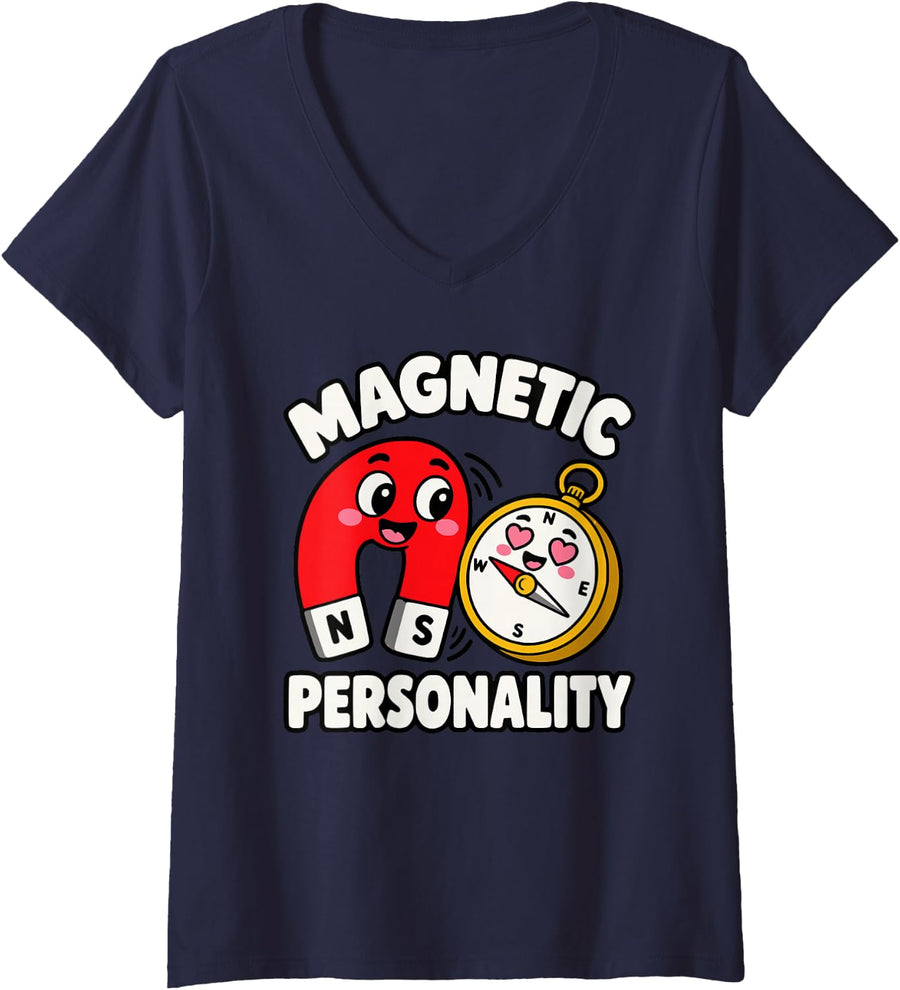 Women's Magnetic Personality Funny Magnet Compass Physics Pun V-Neck T-Shirt - Navy Blue