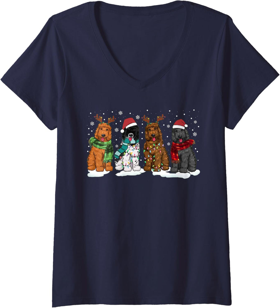 Women's Goldendoodle Dogs Christmas Lights Golden Doodle Dog Xmas PJ V-Neck T-Shirt - Navy Blue
