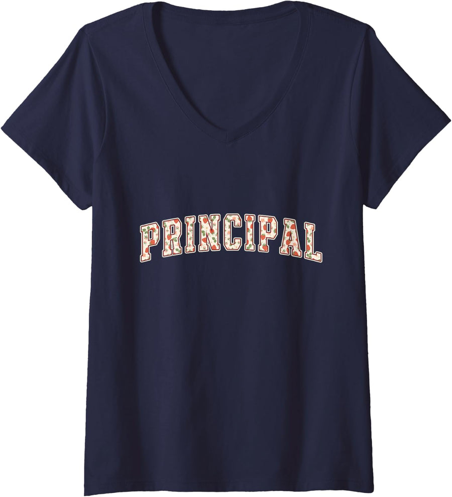 Women's Principal Strawberry Varsity Letters School Principal V-Neck T-Shirt - Navy Blue