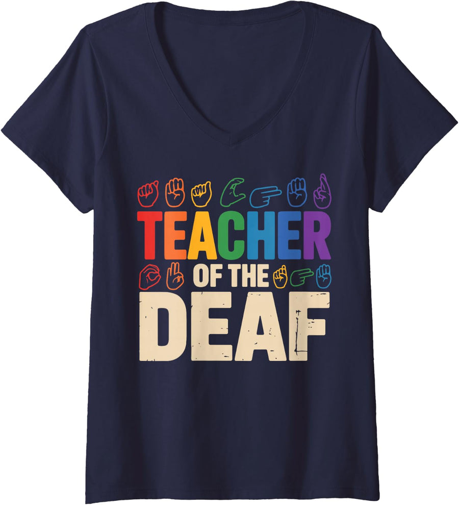 Women's Teacher of the Deaf Rainbow Hands Typography V-Neck T-Shirt - Navy Blue