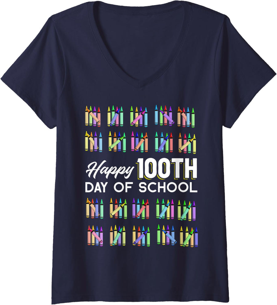 Womens Happy 100th Day Of School Student Gift 100 Days Of School V-Neck T-Shirt - Navy Blue