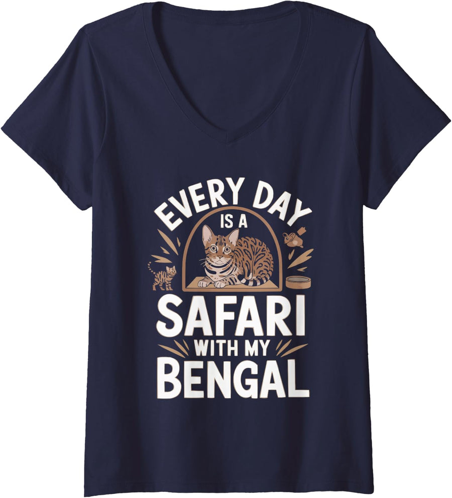 Women's Bengal Cat Lover Kitten Meow Animal Cat Lady Pet Kitty V-Neck T-Shirt - Navy Blue