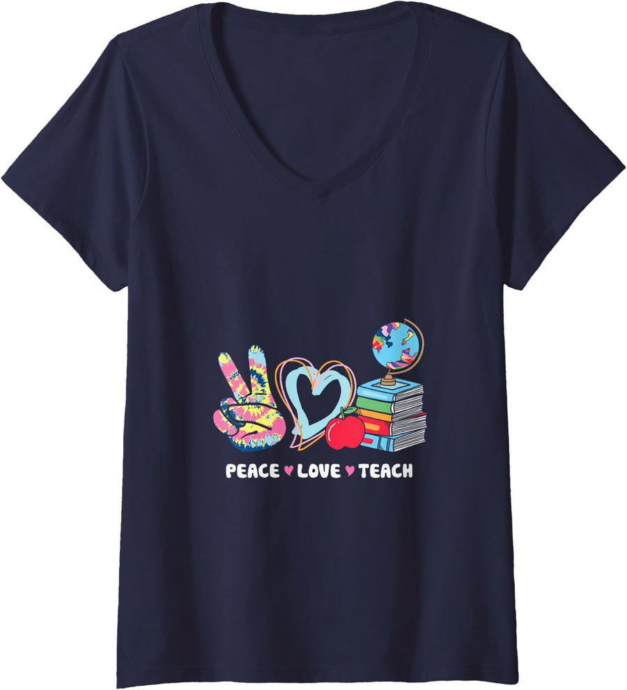 Women's Tie-Dye Peace Love Teach, Teacher Appreciation Present V-Neck T-Shirt - Navy Blue