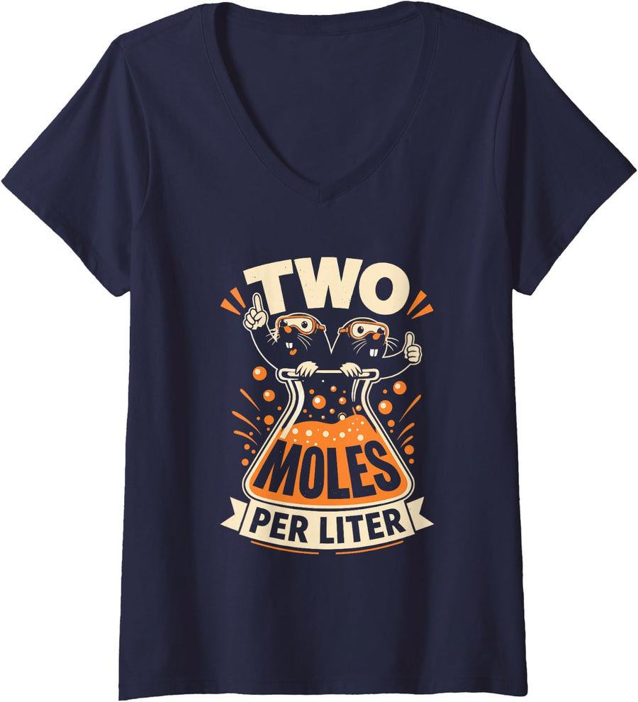 Women's Two Moles Per Liter Chemistry Pun V-Neck T-Shirt - Navy Blue
