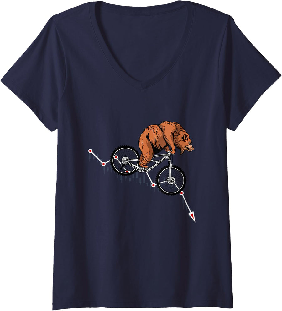 Women's Bear Riding Bicycle in Stock Exchange Market V-Neck T-Shirt - Navy Blue