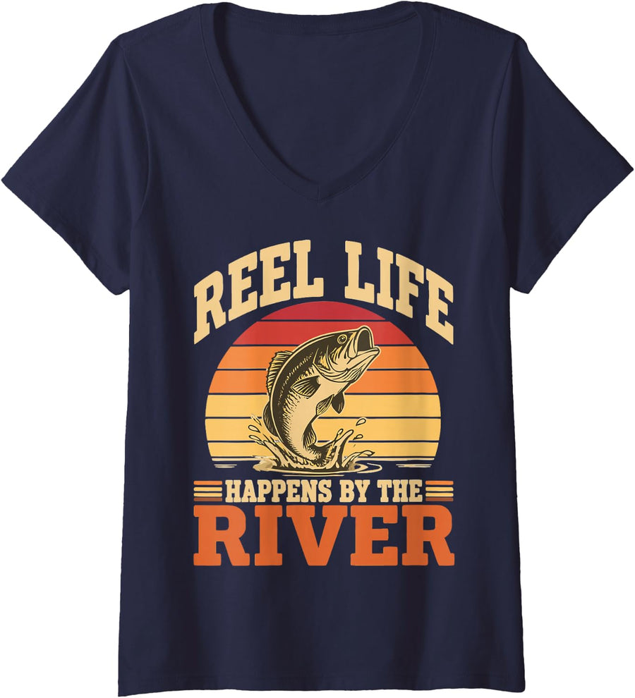 Women's Vintage River Fishing Reel Freshwater Angler Fisherman V-Neck T-Shirt - Navy Blue