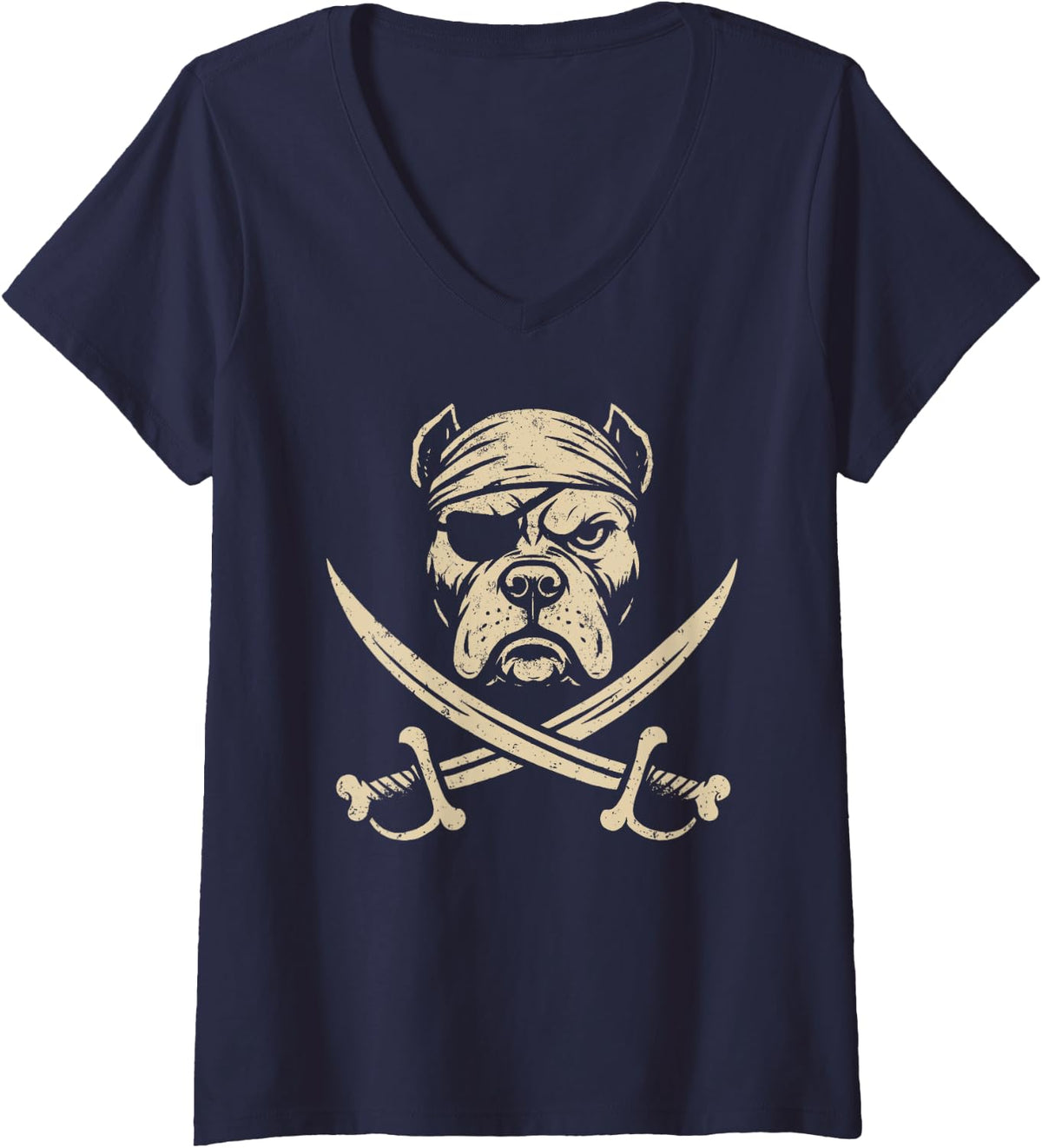 Womens Vintage Pirate Pit Bull Crossbones Dog Lover V-Neck T-Shirt - Navy Blue