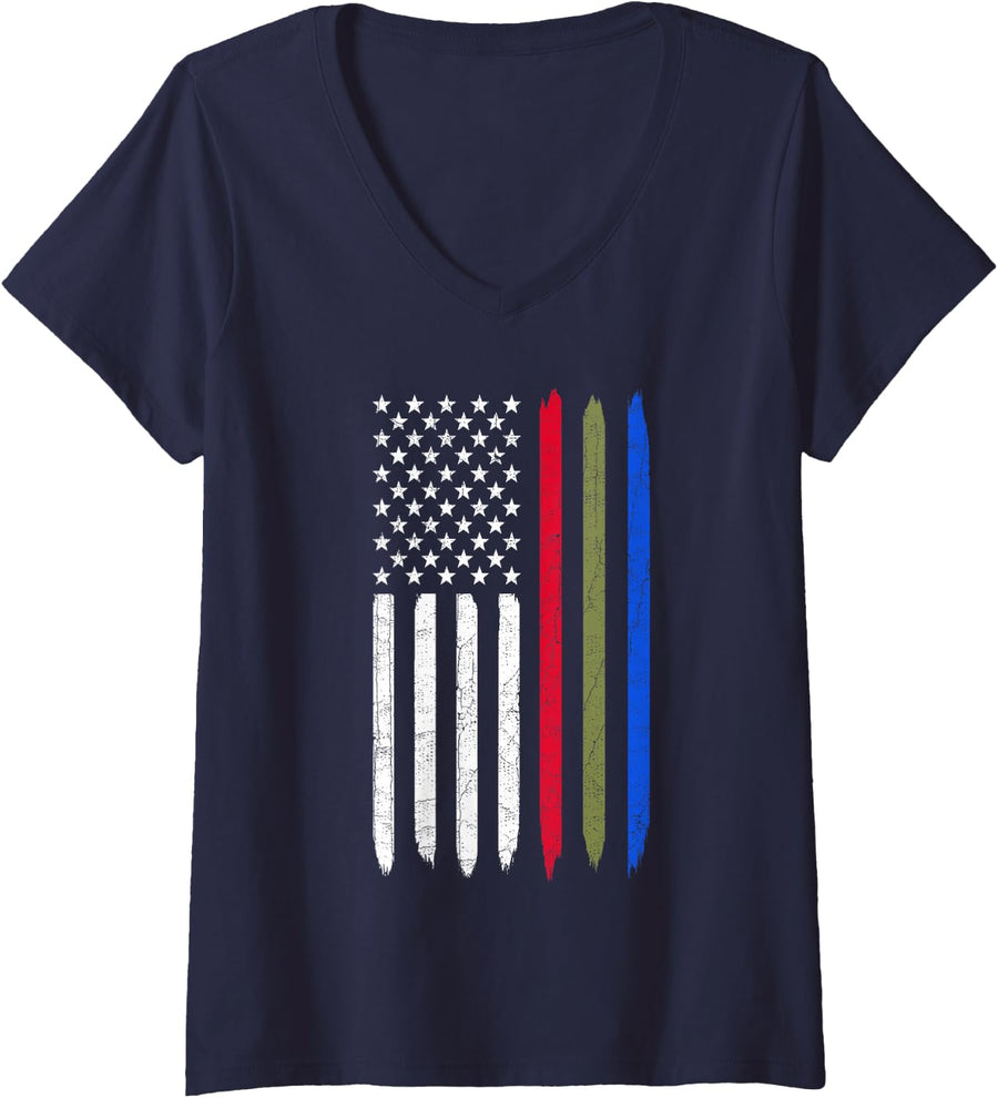 Womens Thin Blue Red Green Line American Flag Police Military Fire V-Neck T-Shirt - Navy Blue