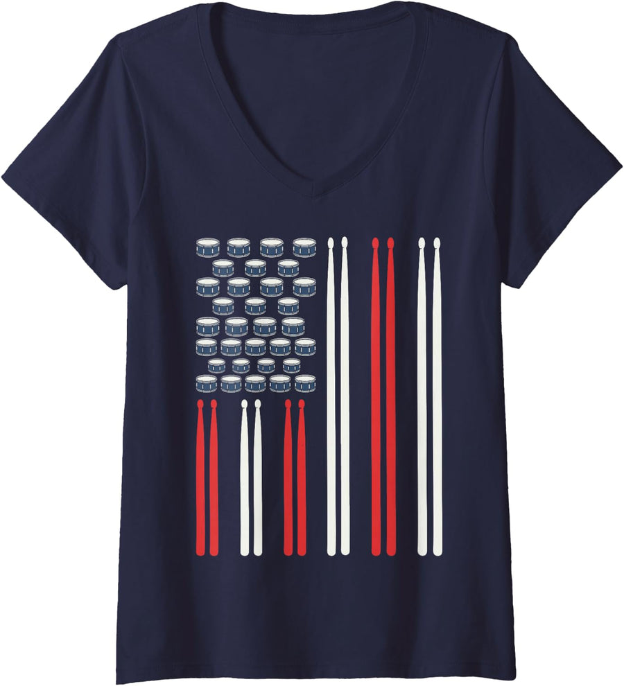 Women's US Flag Play Drums Sticks Drummer Musician Rock Music Band V-Neck T-Shirt - Navy Blue