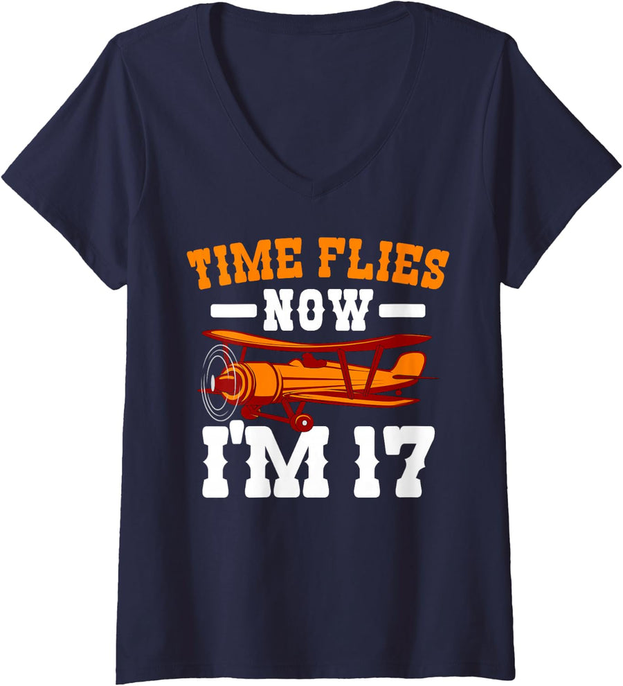 Women's Pilot 17th Birthday Party Aviator Airplane Flight Mechanic V-Neck T-Shirt - Navy Blue